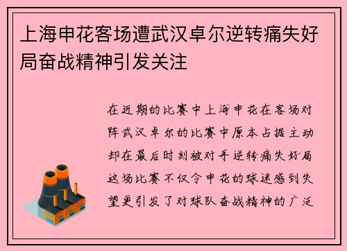 上海申花客场遭武汉卓尔逆转痛失好局奋战精神引发关注