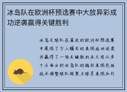 冰岛队在欧洲杯预选赛中大放异彩成功逆袭赢得关键胜利