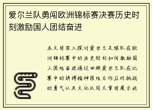 爱尔兰队勇闯欧洲锦标赛决赛历史时刻激励国人团结奋进