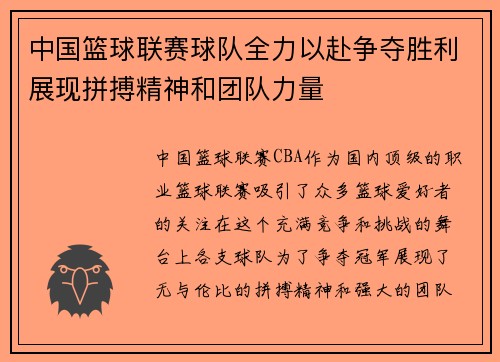 中国篮球联赛球队全力以赴争夺胜利展现拼搏精神和团队力量