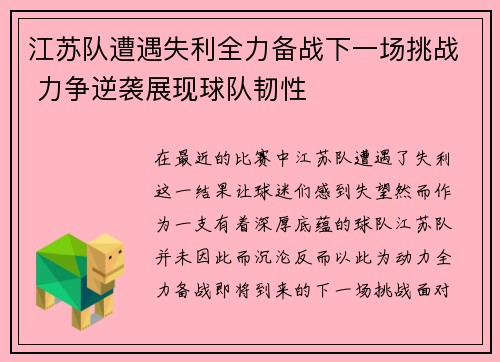 江苏队遭遇失利全力备战下一场挑战 力争逆袭展现球队韧性