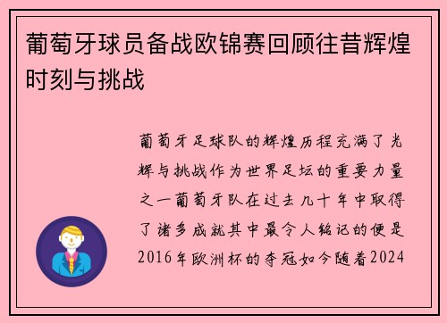 葡萄牙球员备战欧锦赛回顾往昔辉煌时刻与挑战