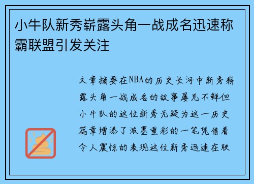 小牛队新秀崭露头角一战成名迅速称霸联盟引发关注