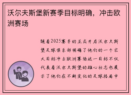 沃尔夫斯堡新赛季目标明确，冲击欧洲赛场