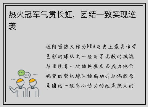 热火冠军气贯长虹，团结一致实现逆袭