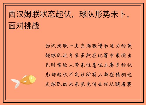 西汉姆联状态起伏，球队形势未卜，面对挑战