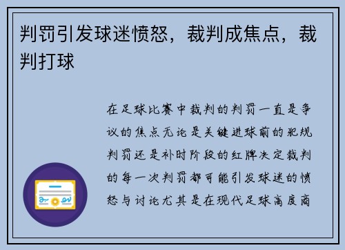 判罚引发球迷愤怒，裁判成焦点，裁判打球