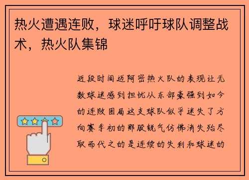 热火遭遇连败，球迷呼吁球队调整战术，热火队集锦