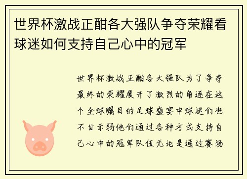 世界杯激战正酣各大强队争夺荣耀看球迷如何支持自己心中的冠军